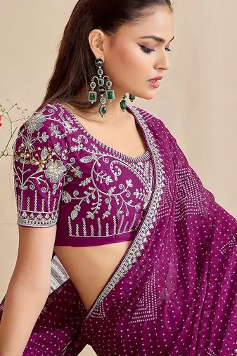 purple moss chiffon silk blend bandhani printed saree with embroidered lace boarder with blouse 