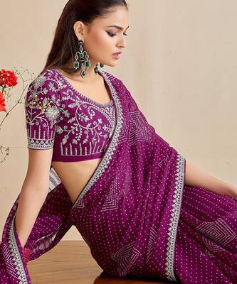 purple moss chiffon silk blend bandhani printed saree with embroidered lace boarder with blouse  5