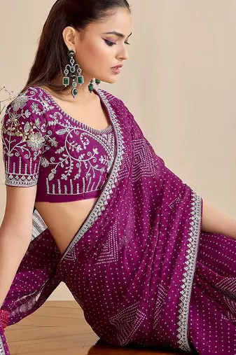 purple moss chiffon silk blend bandhani printed saree with embroidered lace boarder with blouse 