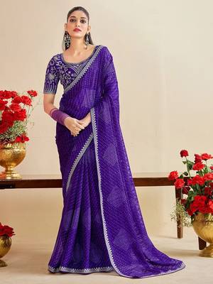 lavender moss chiffon silk blend bandhani printed saree with embroidered lace boarder with blouse  1