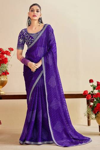 lavender moss chiffon silk blend bandhani printed saree with embroidered lace boarder with blouse 