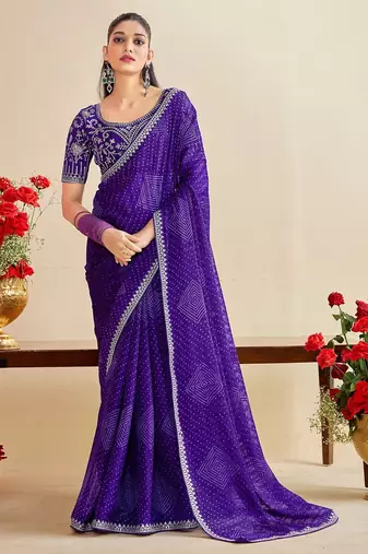 lavender moss chiffon silk blend bandhani printed saree with embroidered lace boarder with blouse 