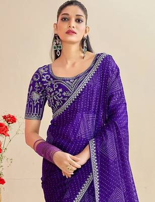 lavender moss chiffon silk blend bandhani printed saree with embroidered lace boarder with blouse  3