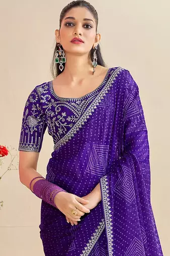 lavender moss chiffon silk blend bandhani printed saree with embroidered lace boarder with blouse 