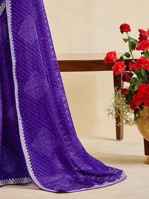 lavender moss chiffon silk blend bandhani printed saree with embroidered lace boarder with blouse  4