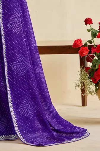 lavender moss chiffon silk blend bandhani printed saree with embroidered lace boarder with blouse 