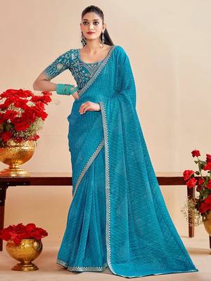 skyblue moss chiffon silk blend bandhani printed saree with embroidered lace boarder with blouse  1