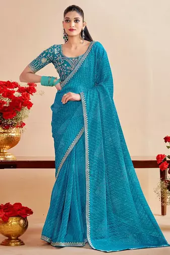 skyblue moss chiffon silk blend bandhani printed saree with embroidered lace boarder with blouse 
