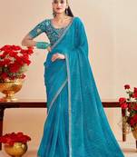 skyblue moss chiffon silk blend bandhani printed saree with embroidered lace boarder with blouse 