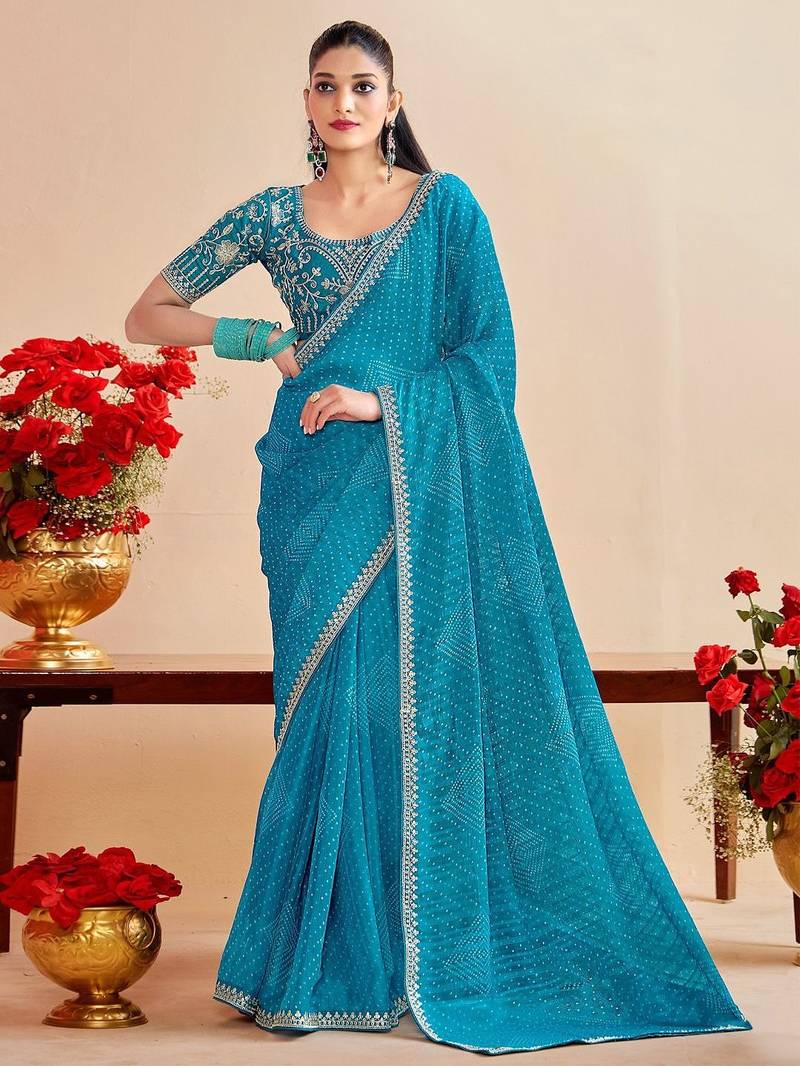 skyblue moss chiffon silk blend bandhani printed saree with embroidered lace boarder with blouse