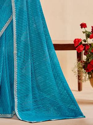 skyblue moss chiffon silk blend bandhani printed saree with embroidered lace boarder with blouse  2