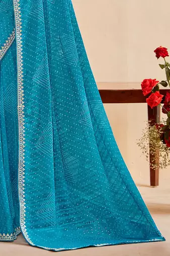 skyblue moss chiffon silk blend bandhani printed saree with embroidered lace boarder with blouse 