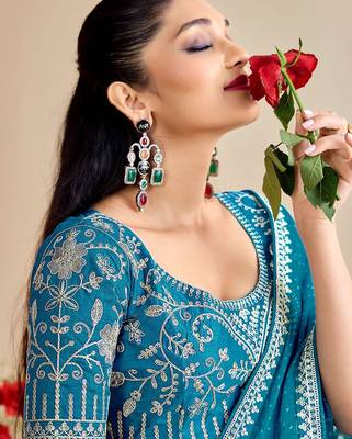 skyblue moss chiffon silk blend bandhani printed saree with embroidered lace boarder with blouse  3