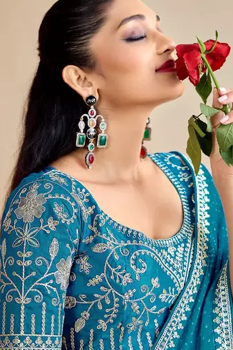 skyblue moss chiffon silk blend bandhani printed saree with embroidered lace boarder with blouse 