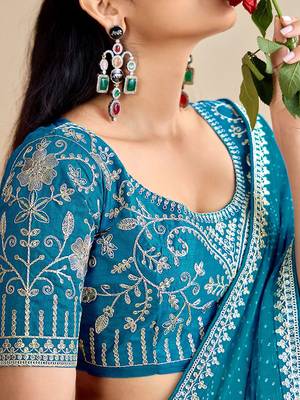 skyblue moss chiffon silk blend bandhani printed saree with embroidered lace boarder with blouse  4