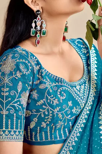 skyblue moss chiffon silk blend bandhani printed saree with embroidered lace boarder with blouse 