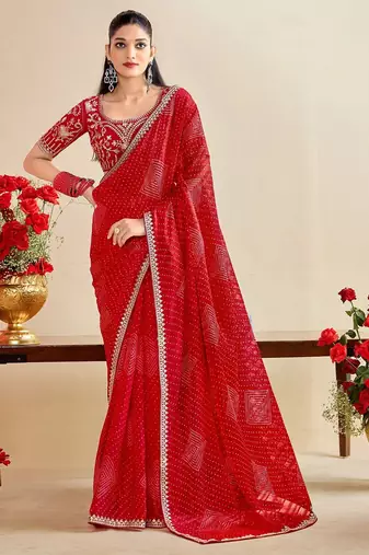 red moss chiffon silk blend bandhani printed saree with embroidered lace boarder with blouse 