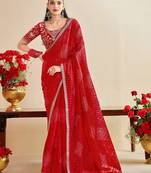 red moss chiffon silk blend bandhani printed saree with embroidered lace boarder with blouse 