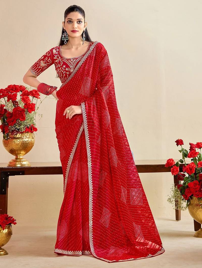 red moss chiffon silk blend bandhani printed saree with embroidered lace boarder with blouse