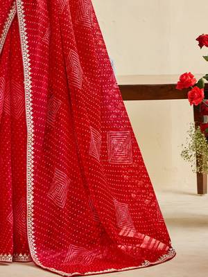 red moss chiffon silk blend bandhani printed saree with embroidered lace boarder with blouse  2