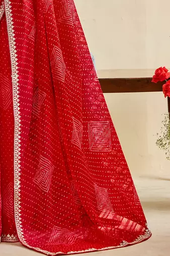 red moss chiffon silk blend bandhani printed saree with embroidered lace boarder with blouse 