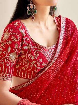 red moss chiffon silk blend bandhani printed saree with embroidered lace boarder with blouse  3