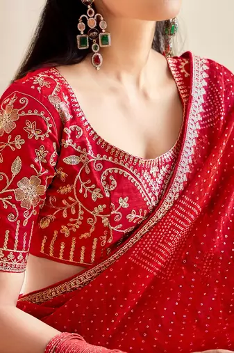 red moss chiffon silk blend bandhani printed saree with embroidered lace boarder with blouse 