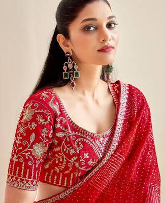 red moss chiffon silk blend bandhani printed saree with embroidered lace boarder with blouse  5