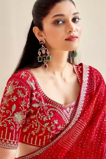 red moss chiffon silk blend bandhani printed saree with embroidered lace boarder with blouse 