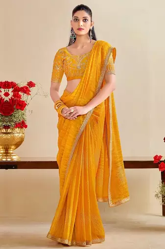 mustard moss chiffon silk blend bandhani printed saree with embroidered lace boarder with blouse 
