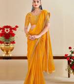 mustard moss chiffon silk blend bandhani printed saree with embroidered lace boarder with blouse 