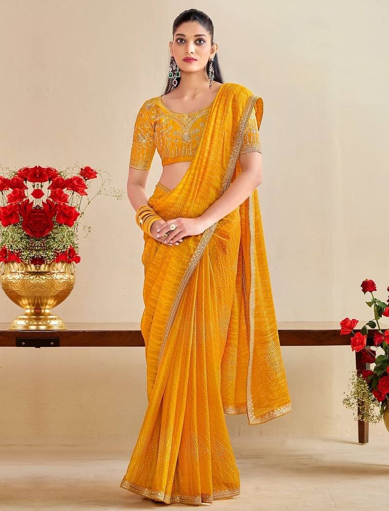 mustard moss chiffon silk blend bandhani printed saree with embroidered lace boarder with blouse