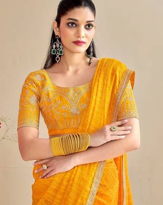 mustard moss chiffon silk blend bandhani printed saree with embroidered lace boarder with blouse  2