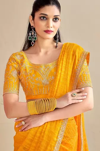 mustard moss chiffon silk blend bandhani printed saree with embroidered lace boarder with blouse 
