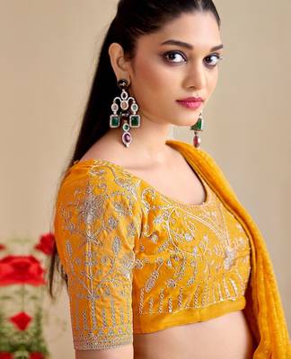 mustard moss chiffon silk blend bandhani printed saree with embroidered lace boarder with blouse  3