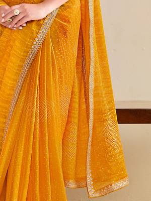 mustard moss chiffon silk blend bandhani printed saree with embroidered lace boarder with blouse  4
