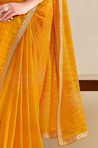 mustard moss chiffon silk blend bandhani printed saree with embroidered lace boarder with blouse 