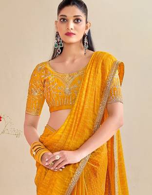 mustard moss chiffon silk blend bandhani printed saree with embroidered lace boarder with blouse  5