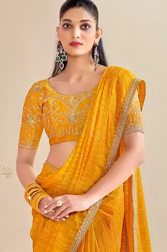 mustard moss chiffon silk blend bandhani printed saree with embroidered lace boarder with blouse 