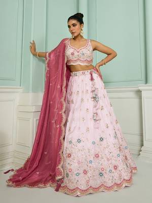 Pink- Tissue Fabric Sequins embroidery Semi-Stitched Lehenga & Unstitched Blouse With Dupatta 5