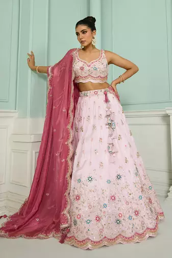 Pink- Tissue Fabric Sequins embroidery Semi-Stitched Lehenga & Unstitched Blouse With Dupatta
