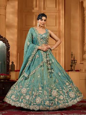Green- Tissue Fabric Sequins embroidery Semi-Stitched Lehenga & Unstitched Blouse With Dupatta 4