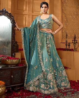 Green- Tissue Fabric Sequins embroidery Semi-Stitched Lehenga & Unstitched Blouse With Dupatta 5