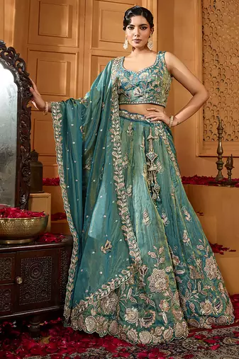Green- Tissue Fabric Sequins embroidery Semi-Stitched Lehenga & Unstitched Blouse With Dupatta