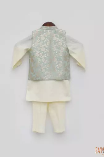 Mint Green Floral Printed Chanderi Nehru Jacket Set