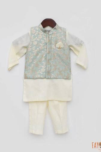Mint Green Floral Printed Chanderi Nehru Jacket Set
