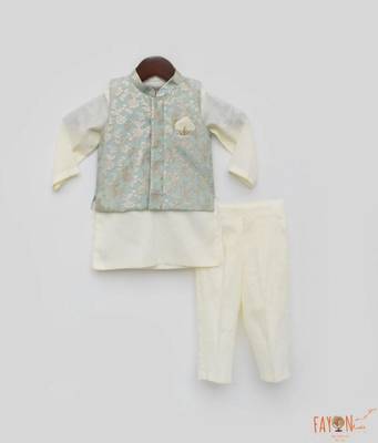 Mint Green Floral Printed Chanderi Nehru Jacket Set 3