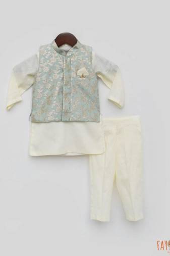 Mint Green Floral Printed Chanderi Nehru Jacket Set