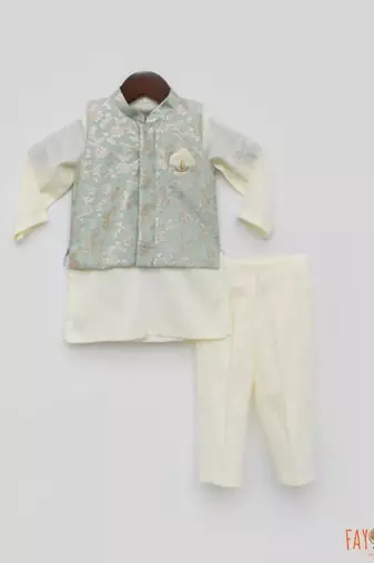 Mint Green Floral Printed Chanderi Nehru Jacket Set