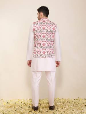 Pink floral printed silk nehru jacket set 2